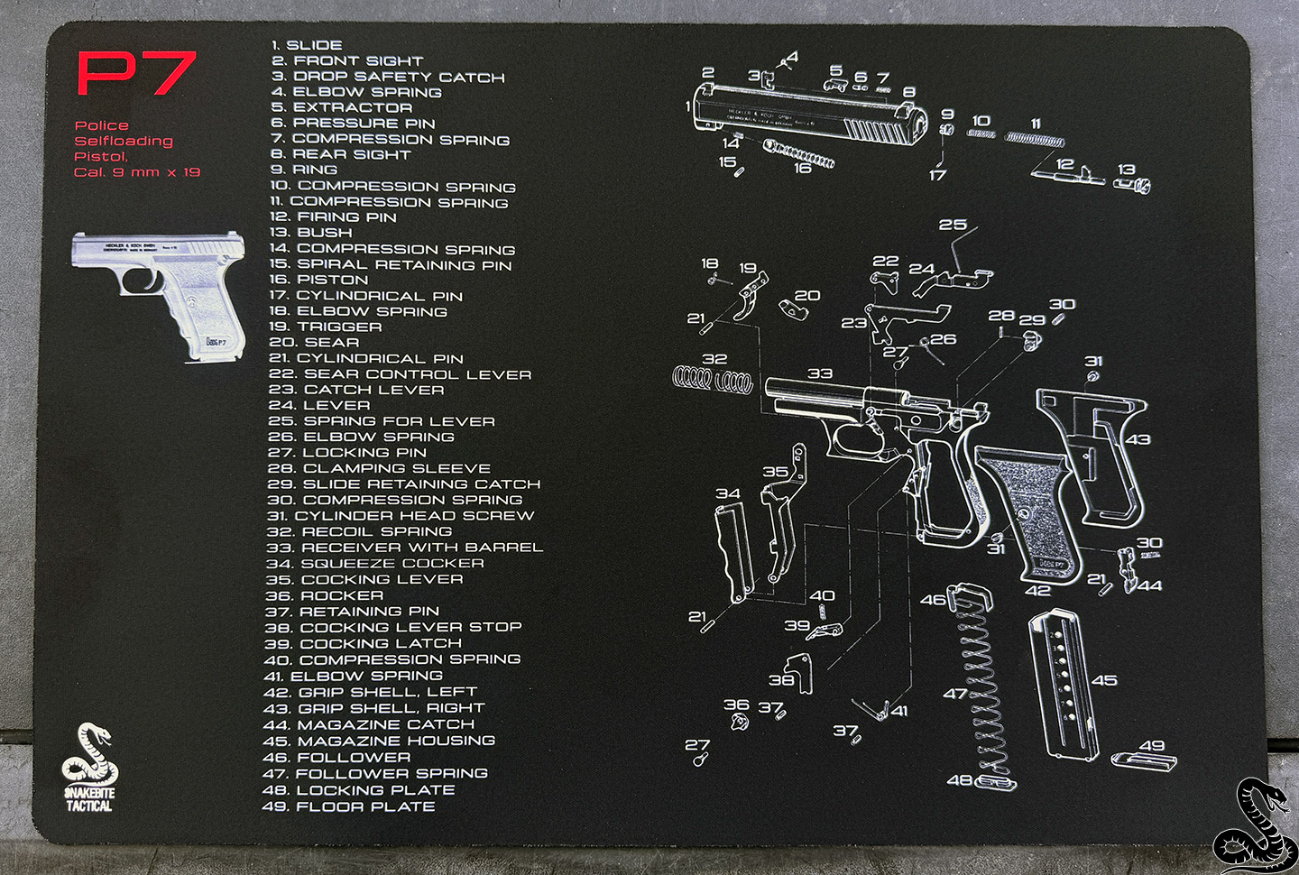 H&K P7 Gun Cleaning Mat - Exploded Parts